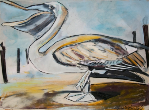Louisiana Brown Pelican on the Shore with Metallic Gold