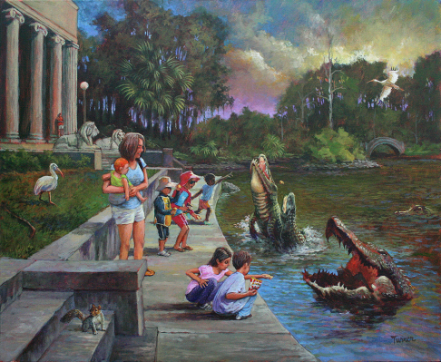 Children Feeding Alligators in City Park