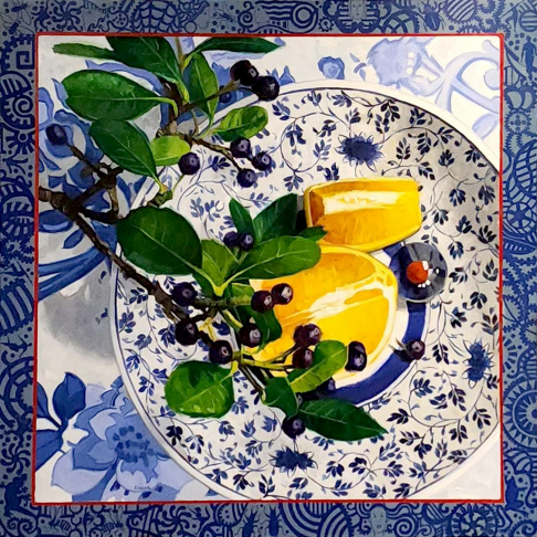 Orange in a blue bowl