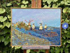 Dredging the Industrial Canal (Original Oil Painting, Framed)